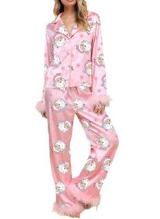 Aonoapll Women Christmas Feather Trim Pajamas Set 2 Piece Sleepwear | Cute Santa Print Long Sleeve Button Down