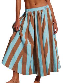 Hongsui Women's A Line Rainbow Striped Maxi Skirt Elastic Waist Flowy Beach Vacation Summer Skirt Cyan Medium