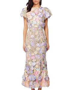 Women's 3D Floral Embroidery Dress Ruffle Sleeve Fishtail Lace Bodycon Party Cocktail Mini Dress Small Purple