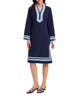 Ladyful Color Block Shift Dress for Women Long Sleeve Summer Stand Collar Side Slit Cotton Midi Dress with Lin