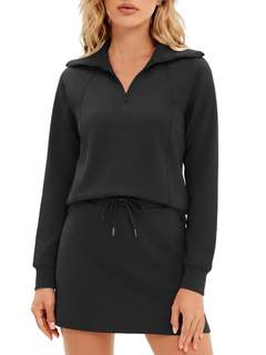 Casly Lamiit Half Zip Women 2 Piece Skorts Sets Athletic Sweatshirt Outfits | Long Sleeve, Lapel Tennis Workou