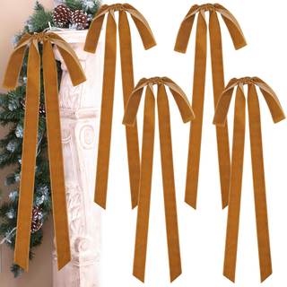 4 Pcs Khaki Velvet Christmas Bows 23.6×8.7 Inch Christmas Wreath Bows Rustic Crafts Gift Bows Vintage Velvet R