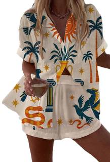 LOVESHOOT 2 Piece Short Sets for Women Summer Boho Short Seeve Botton Down Shirts Matching Shorts Set Beach Va