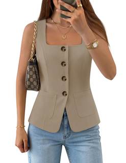 ZESICA Womens Business Casual Sleeveless Suit Vest Work Tops | 2026 Summer Tops,Square Neck Suit Vests,Classic
