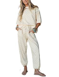 UATKIMI Women Polka Dot 2 Piece Pants Set Lounge Sweatshirt Joggers Outfit | Contrast Stitching, Half Sleeves 
