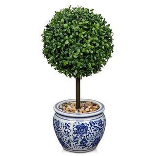 DILATATA Artificial Topiary Boxwood Ball in Blue and White Ceramic Pot, 16 Inch Artificial Boxwood in Planters