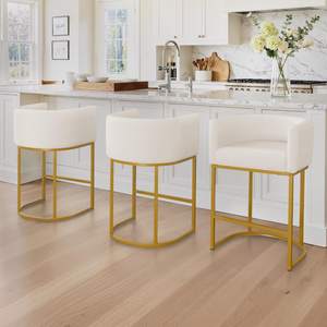 LUE BONA Counter Height Bar Stools Set of 3, Modern Barrel Counter Stools with Backrest and Arms, Gold Metal F