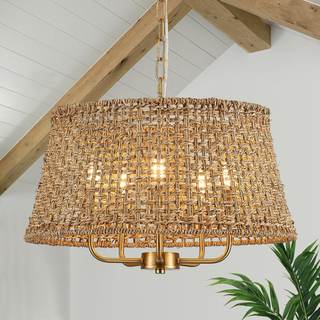 19.7" Boho Rattan Chandelier, 5-Light Gold Wicker Light Fixture | Hand-Woven Rattan Pendant Light; Adjustable 