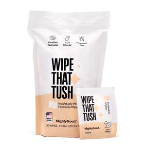 Wipe That Tush On-The-Go Flushable Wipes, 1 Pack of 30, Fragrance Free | Individually Wrapped, Travel Essentia