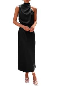 PRETTYGARDEN Women's Summer Satin Maxi Cocktail Dress | Silk Fabric,Sleeveless Mock Neck,Fit and Flare,Asymmet