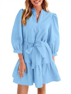 Cicy Bell Womens Puff 3/4 Sleeve Mini Dresses Bow Tie Waist Short Dress | V Neck, Ruffle Tiered, Side Pockets,