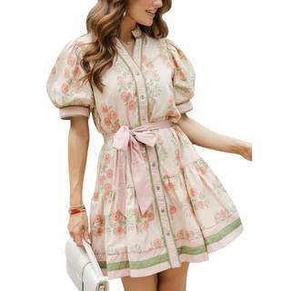 Womens Summer Floral Mini Dress Short Puff Sleeve Dresses | V Neck, Button Down, Removable Waist Tie, Boho, Li