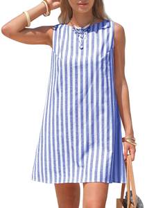 EXLURA Women Summer 100% Cotton Faux Linen Dresses Sleeveless Striped A-Line Mini Sundress Beach Vacation Dres