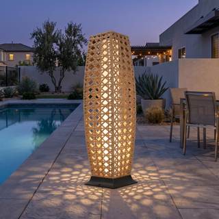 Solar Yard Outdoor Floor Lamp Solar Lantern, Water-Resistant Natural Wicker Boho Patio Light with 50&100 Lumen