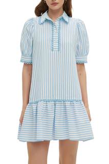 EZAPINE Women Striped Shirt Dress Summer Button Down Collared Short Puff Sleeve Ruffle Hem Casual Flowy Mini D