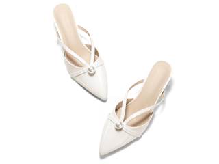 Coutgo Womens Pearl Kitten Heels Mules Closed Pointed Toe Sandals Satin Wedding Party Dress Shoes Cream White/